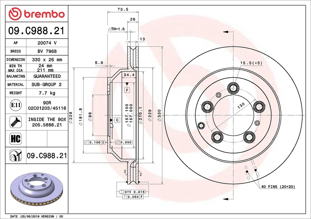 Brzdový kotouč BREMBO 09.C988.21 – OE 9Y0615601