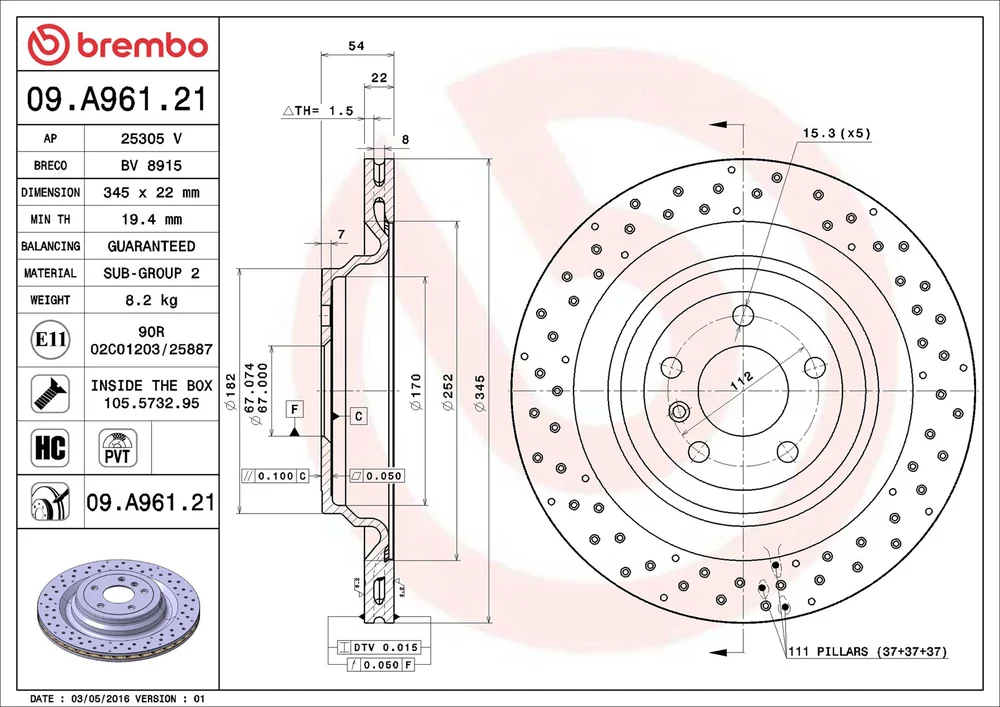 Brzdový kotouč BREMBO 09.A961.21