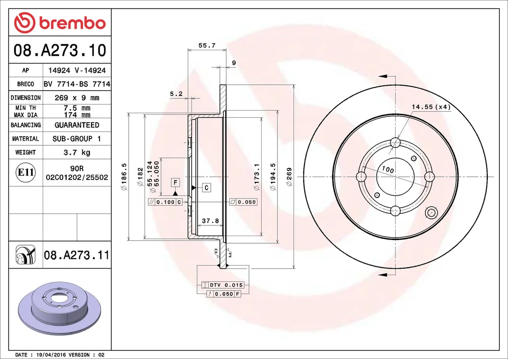 Brzdový kotouč BREMBO 08.A273.11