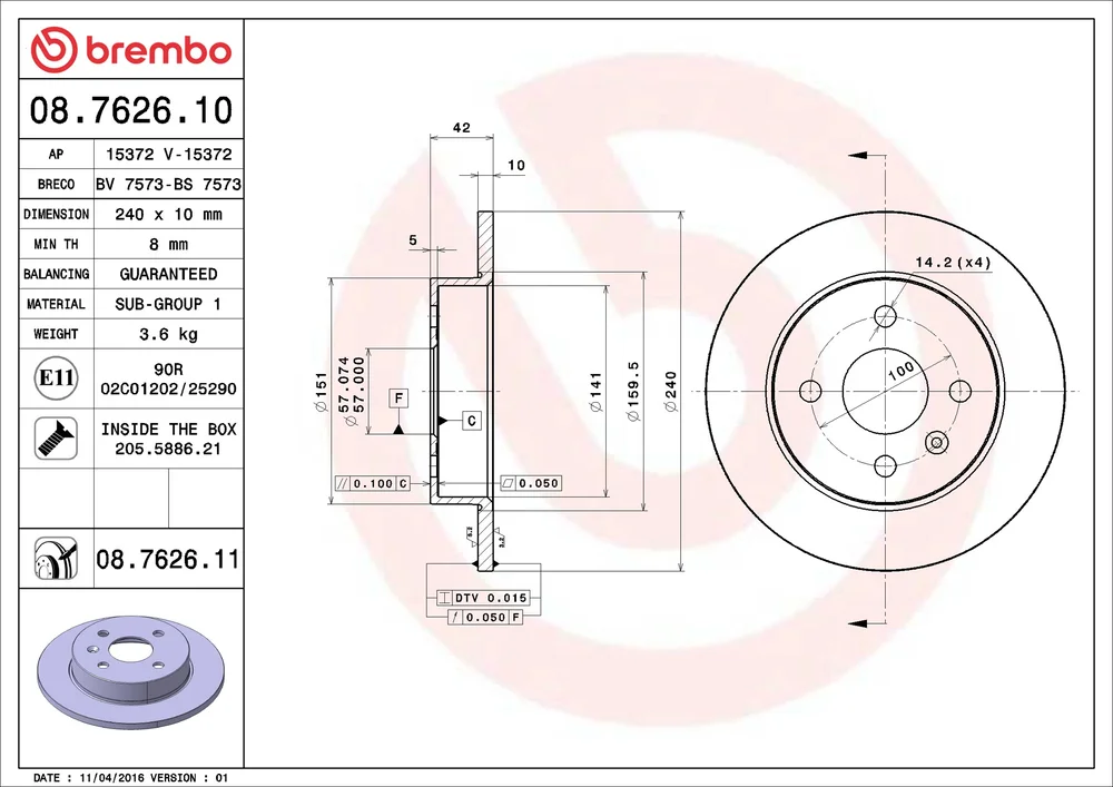 Brzdový kotouč BREMBO 08.7626.11