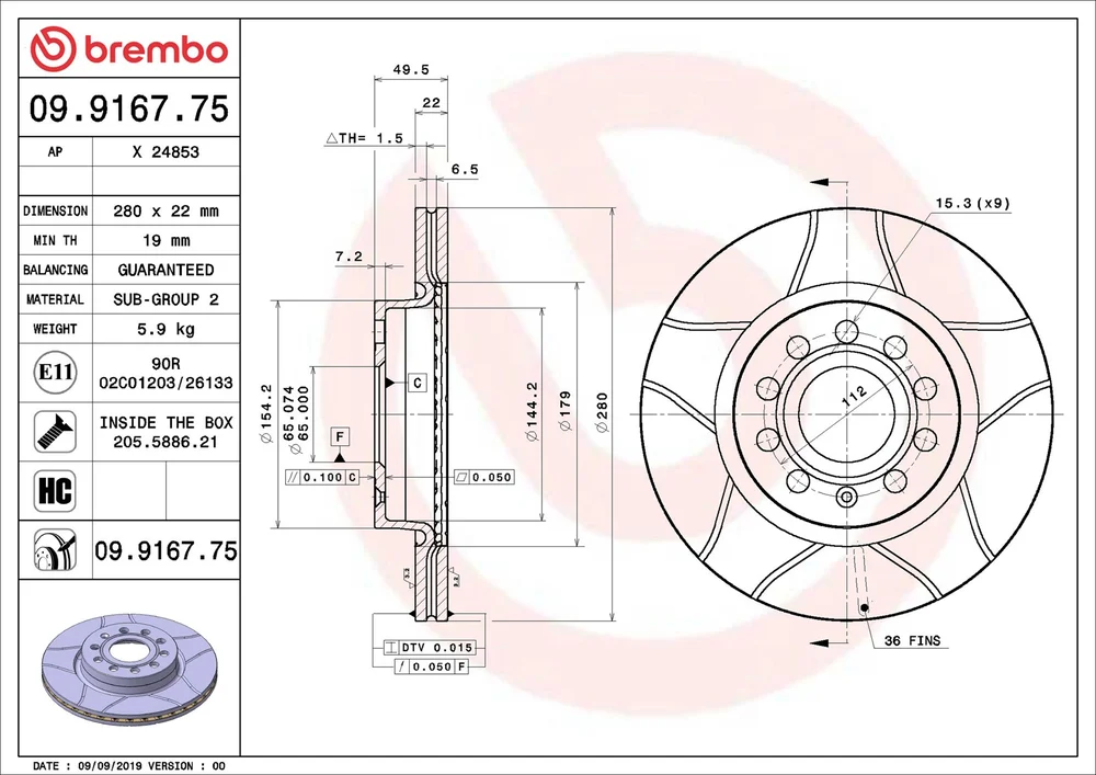 Brzdový kotouč BREMBO 09.9167.75