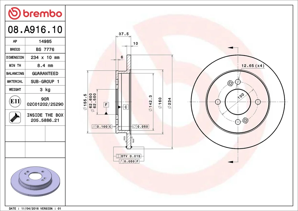 Brzdový kotouč BREMBO 08.A916.10