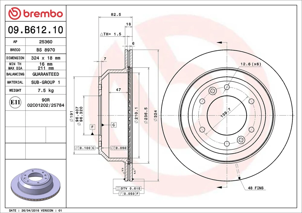Brzdový kotouč BREMBO 09.B612.10 – OE 584114H300