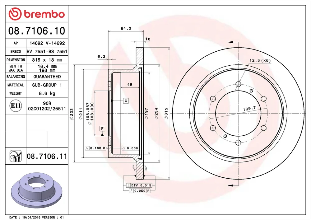 Brzdový kotouč BREMBO 08.7106.11