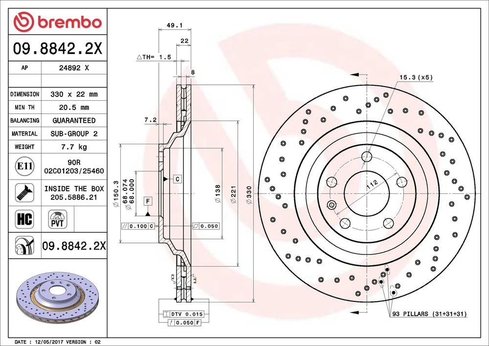 Brzdový kotouč BREMBO 09.8842.2X