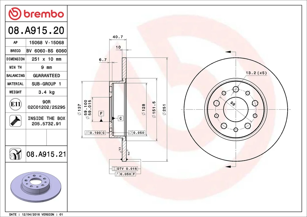 Brzdový kotouč BREMBO 08.A915.21
