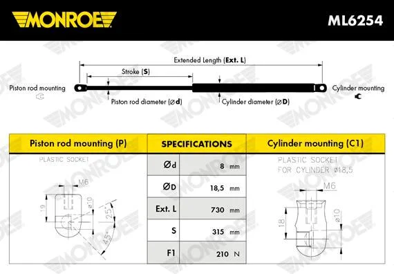 Pneumaticka pruzina, kapota motoru MONROE ML6254 – OE 31298282
