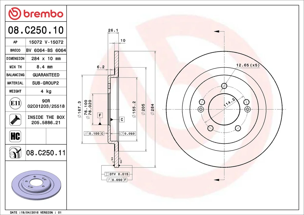 Brzdový kotouč BREMBO 08.C250.11 – OE 58411A6200