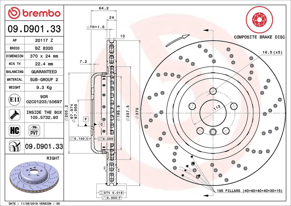 Brzdový kotouč BREMBO 09.D901.33 – OE 34216878180